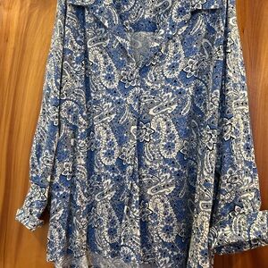 Lane Bryant Blue and White Paisley Patterned Blouse